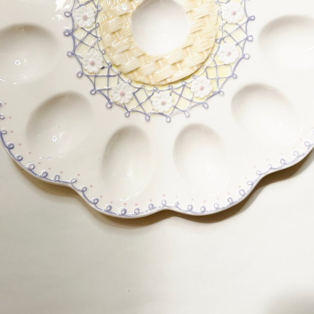 Ceramic Egg Holder - White w/  Purple & Yellow Design - Displays 1 Dozen - Picture 2 of 4
